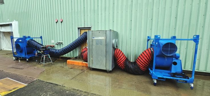 Twee FV900-ventilatoren met flexibele luchtslangen en filterbox zorgen voor de aanvoer van verse lucht en de afvoer van stoffige lucht.